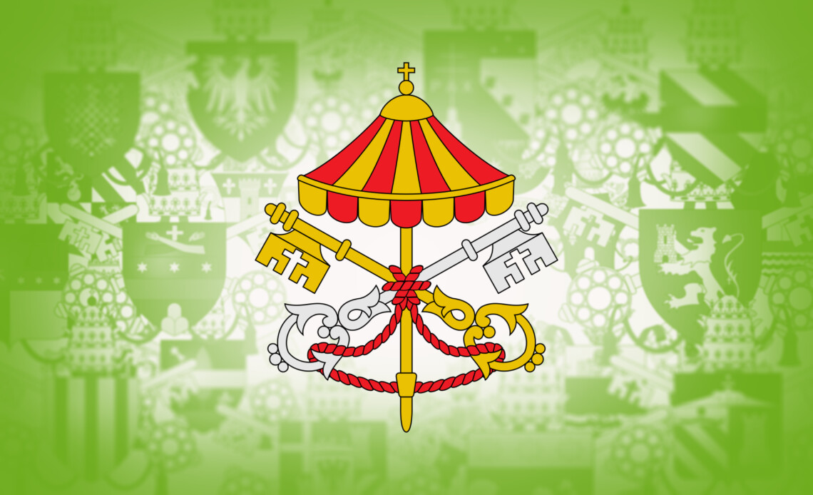 Herb Stolicy Apostolskiej w czasie sede vacante na tle papieskich herbów.